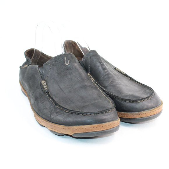 OluKai Moloa Black Leather Slip On Loafers Shoes Hawaiian #122 main image 6